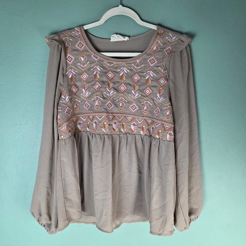 Savanna Jane Womens Large Embroidered Boho Peasant Blouse Taupe Boho Festival